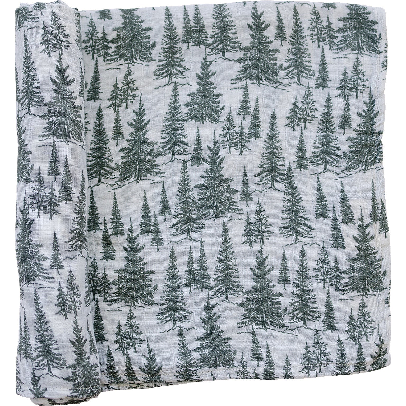 Forest muslin swaddle blanket featuring a serene pine tree print, perfect for swaddling or nursing.