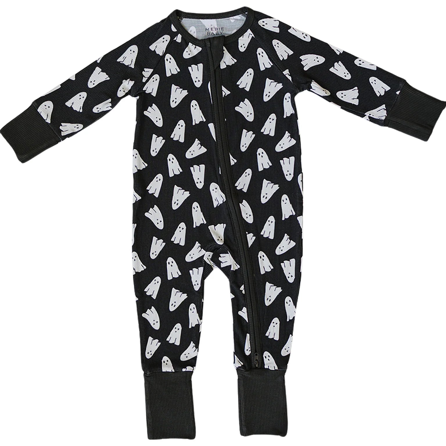 Bamboo baby pajamas spooky halloween print featuring a black onesie with ghost patterns for festive bedtime comfort.