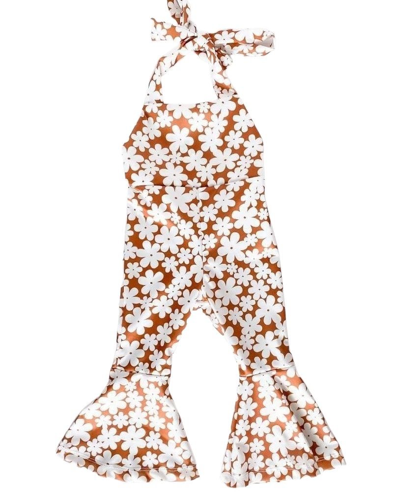Andi pleated bell bottom jumpsuit in brown floral print with halter neckties for kids.