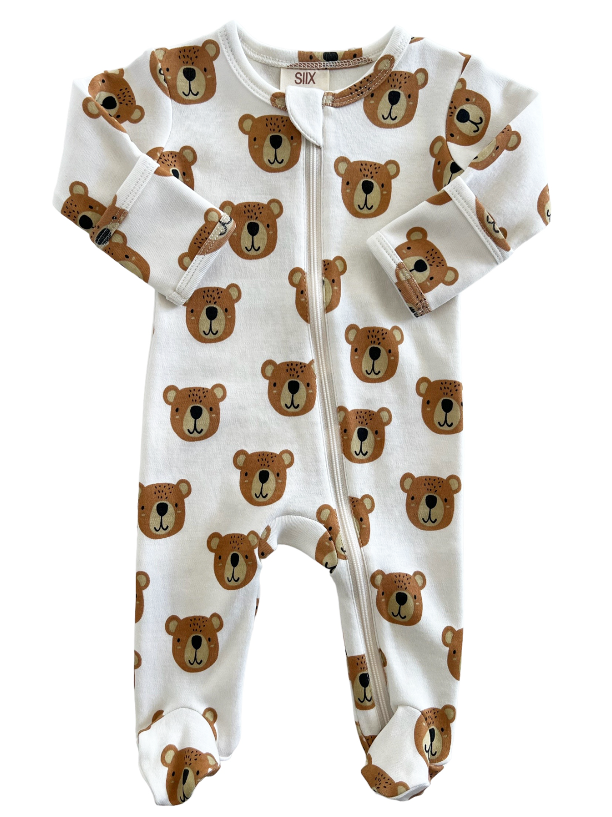 Baby Bear organic zip footie featuring an allover teddy bear print, perfect for cozy bedtimes and gifts.