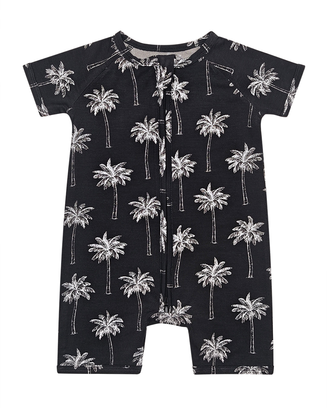 Bamboo baby romper in black with hand-drawn white palm print, designed for comfort and easy diaper changes.