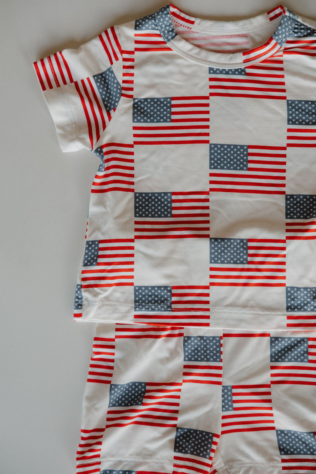 Bamboo short set featuring patriotic red, white, and blue flag print for festive summer lounging.