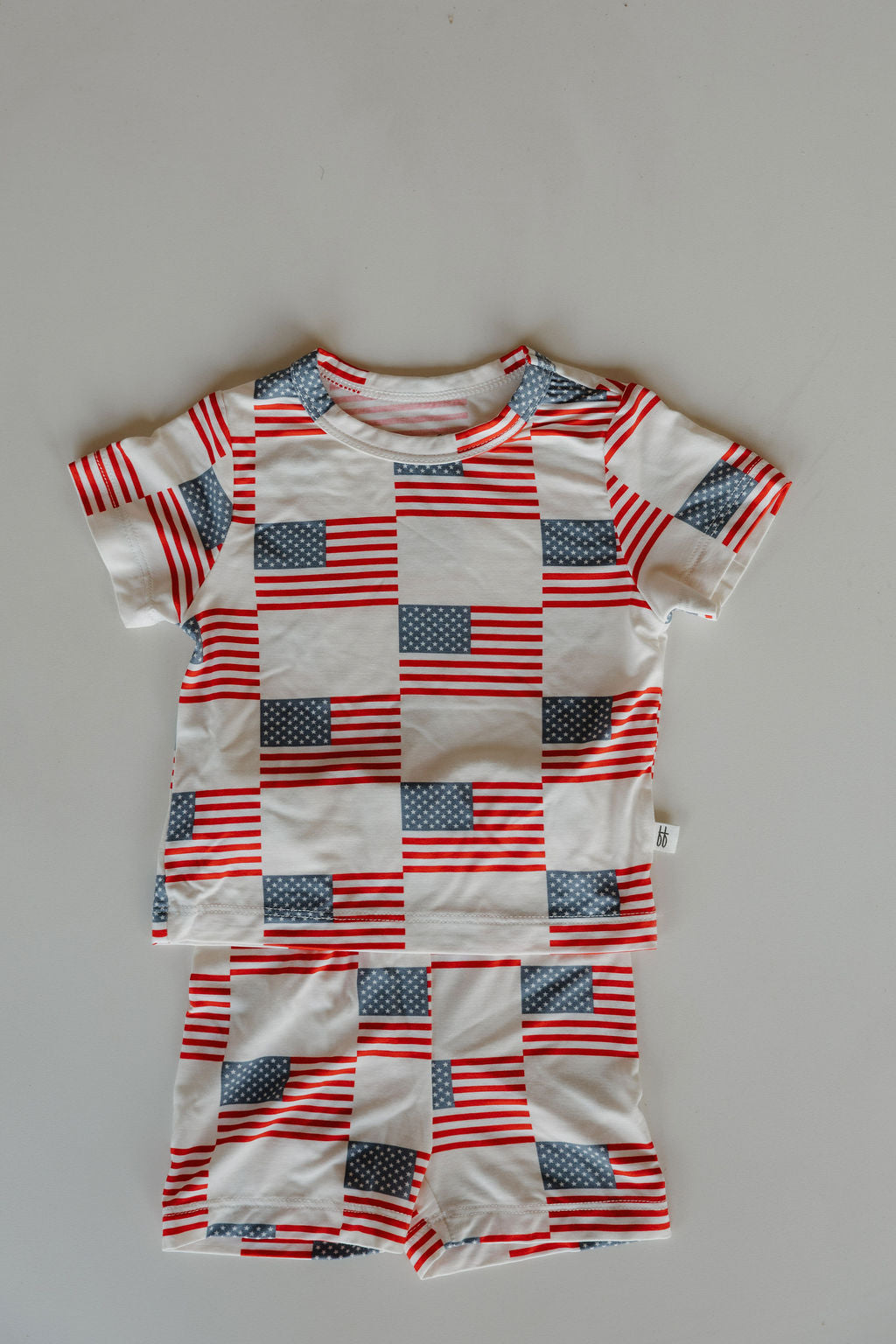 Bamboo short set in red, white, and blue Americana print for summer lounging or 4th of July celebrations.