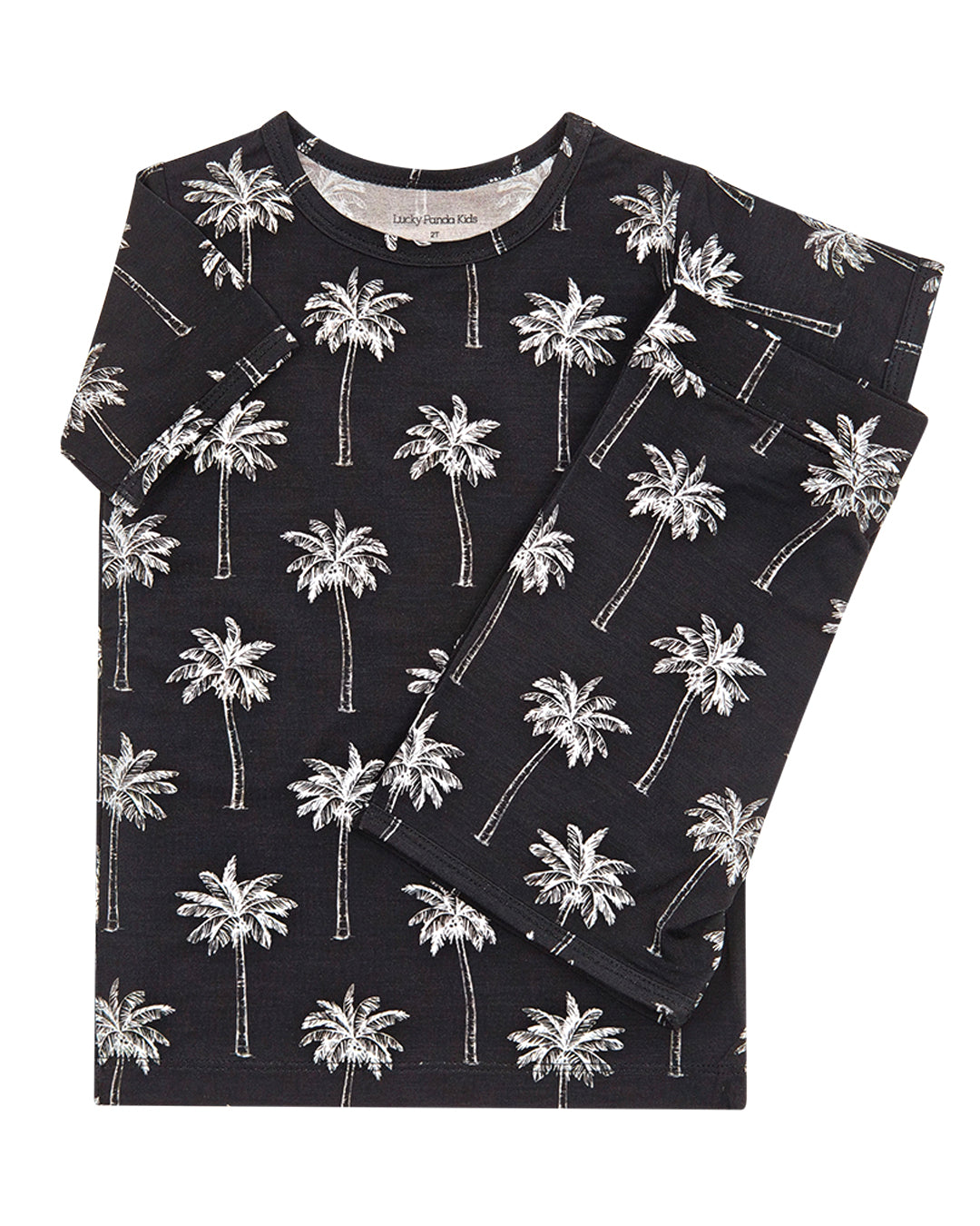 Bamboo shorts set featuring black short-sleeve top and matching shorts with hand-drawn palm print.