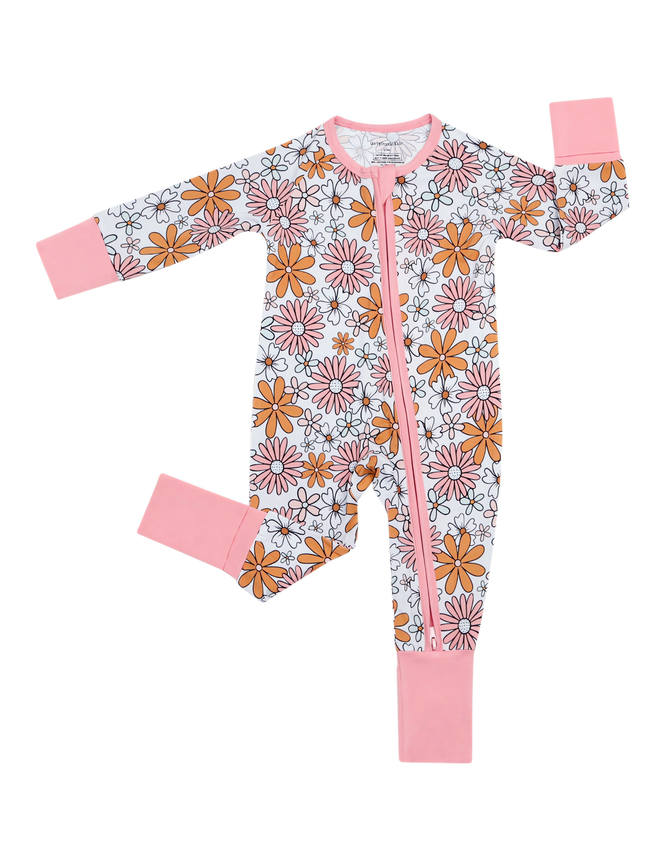 Bamboo zip baby romper in retro floral print featuring warm earthy tones and soft pink cuffs.