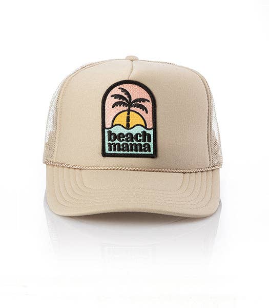 Tan Beach Mama Trucker Hat with embroidered patch and mesh back, perfect for sunny days and beach outings.