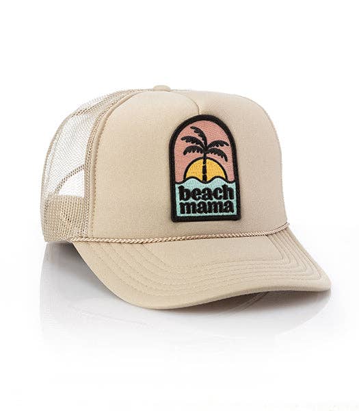 Tan Beach Mama trucker hat featuring embroidered patch and breathable mesh back for sun protection.