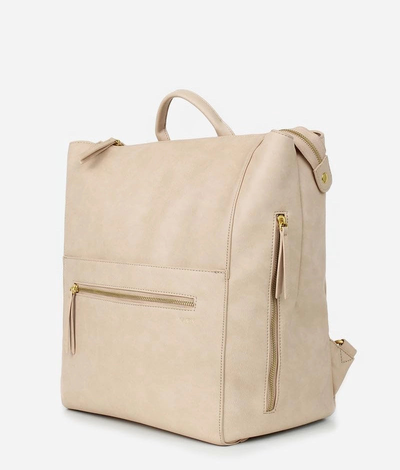 Square Diaper Bag Backpack in premium matte faux leather, showcasing a stylish and functional design with multiple pockets.