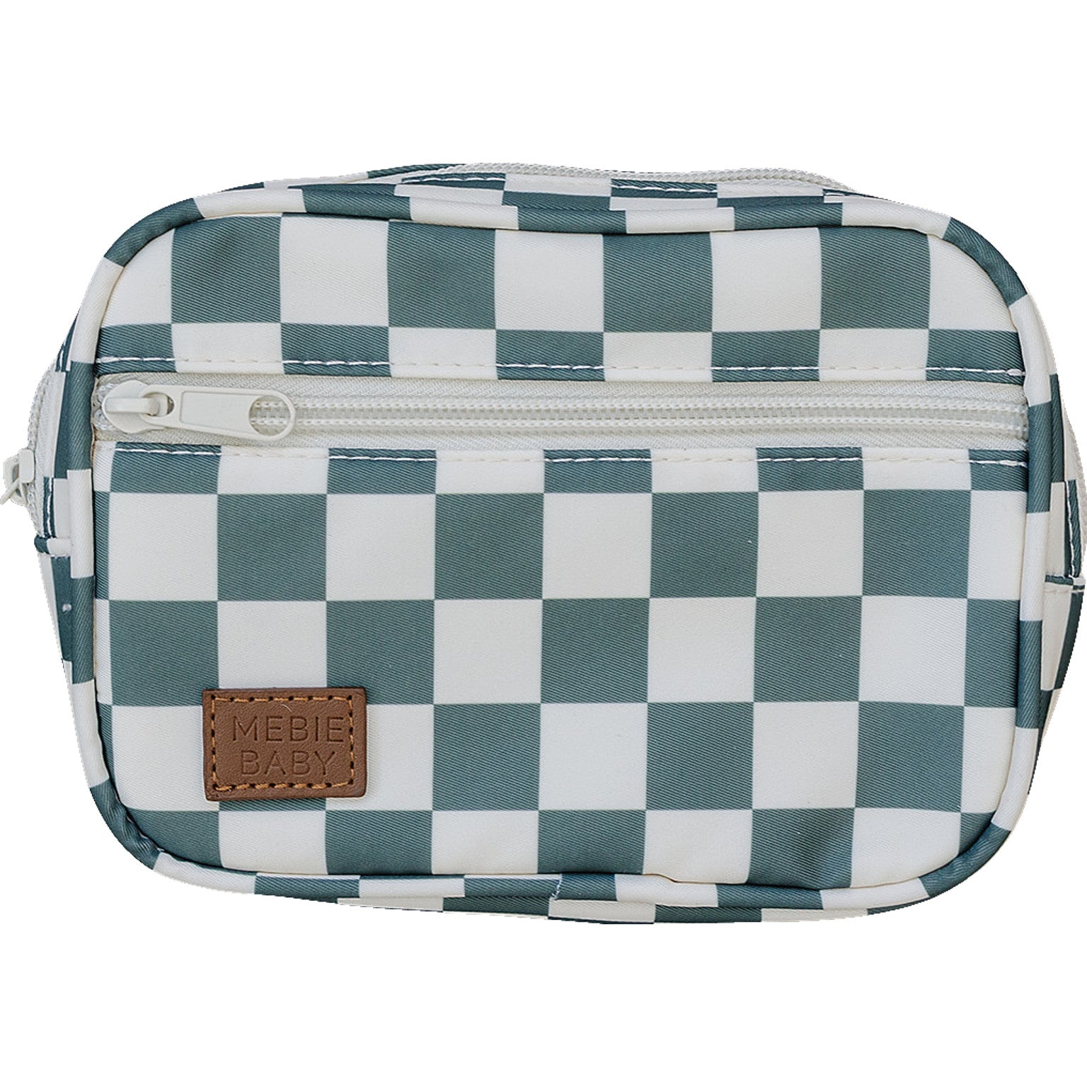 Green checkered mini fanny pack with adjustable strap and zipper for kids, perfect for snacks and toys.