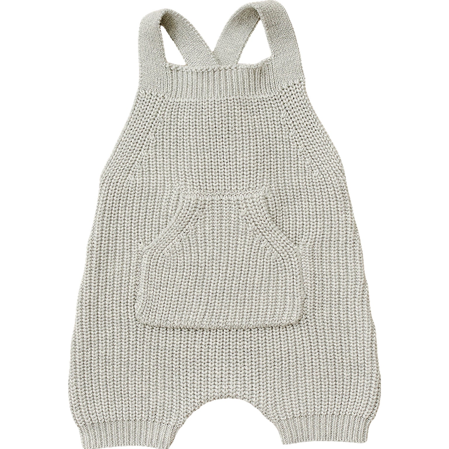 Heather grey knit overalls with front pocket and button straps for babies and toddlers.