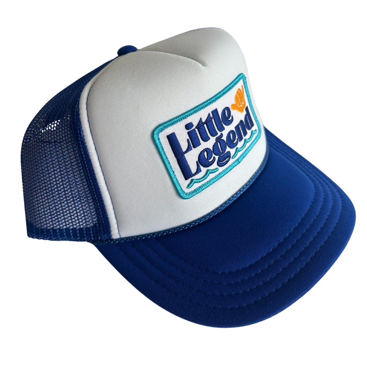 Little Legend Kids Trucker Hat in blue and white with a bold front patch and breathable mesh back.