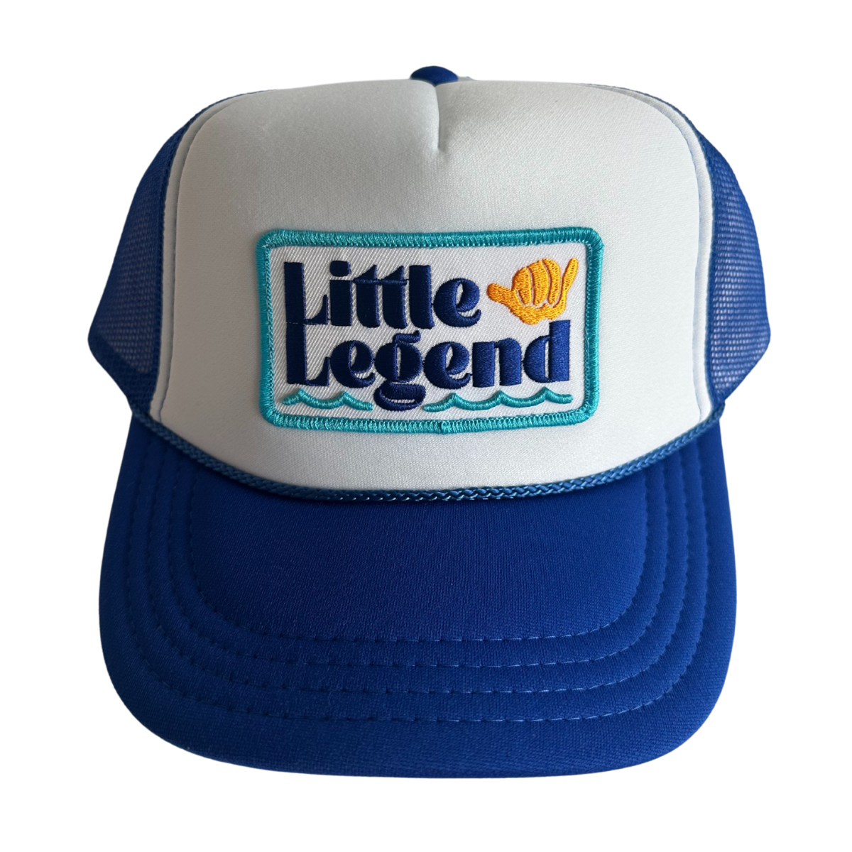 Little Legend kids trucker hat with bold patch and blue mesh back for airflow.