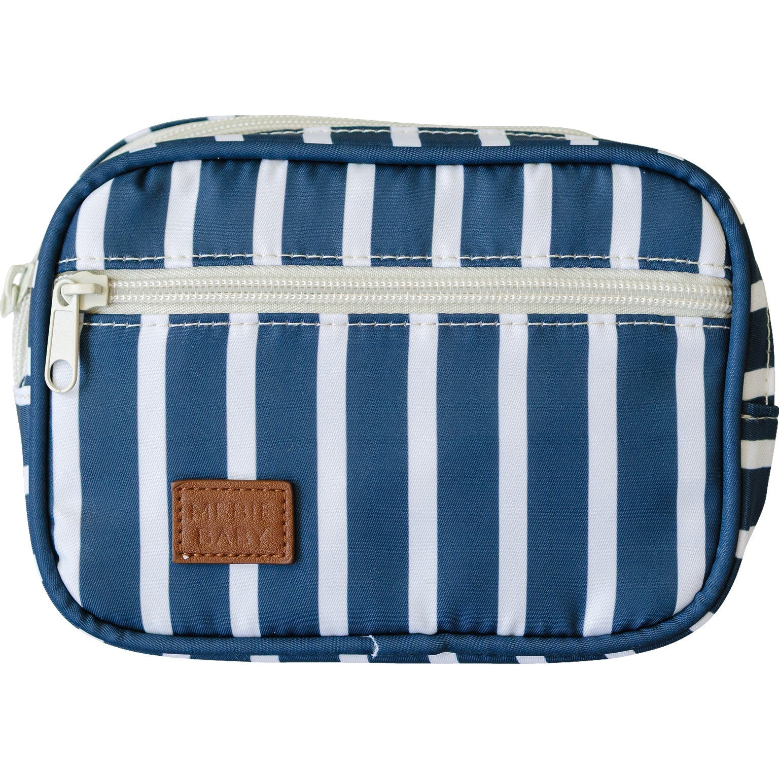 Navy stripe mini fanny pack with adjustable strap and zippered closure, perfect for kids.