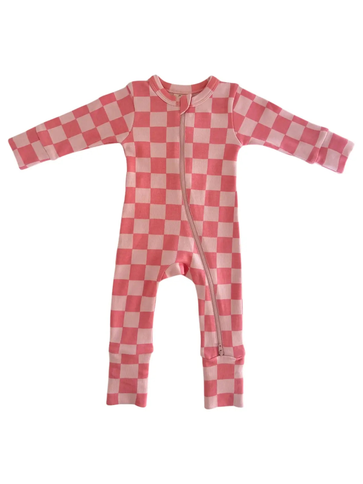 Organic zip romper in rosy pink checkerboard print with 2-way zipper and fold-over feet for cozy comfort.