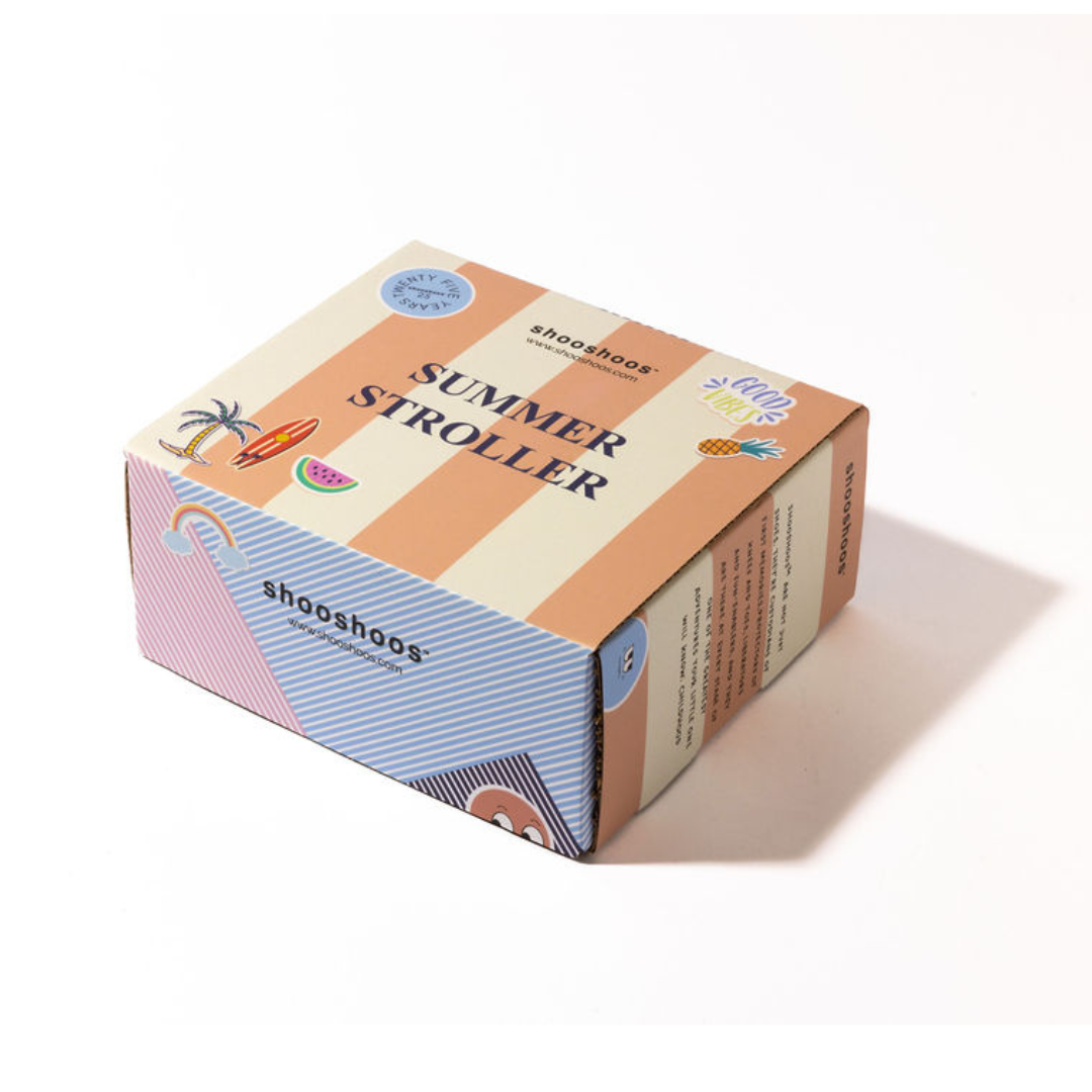 Shoes box labeled 'Summer Stroller' with colorful designs and playful graphics for kids footwear.