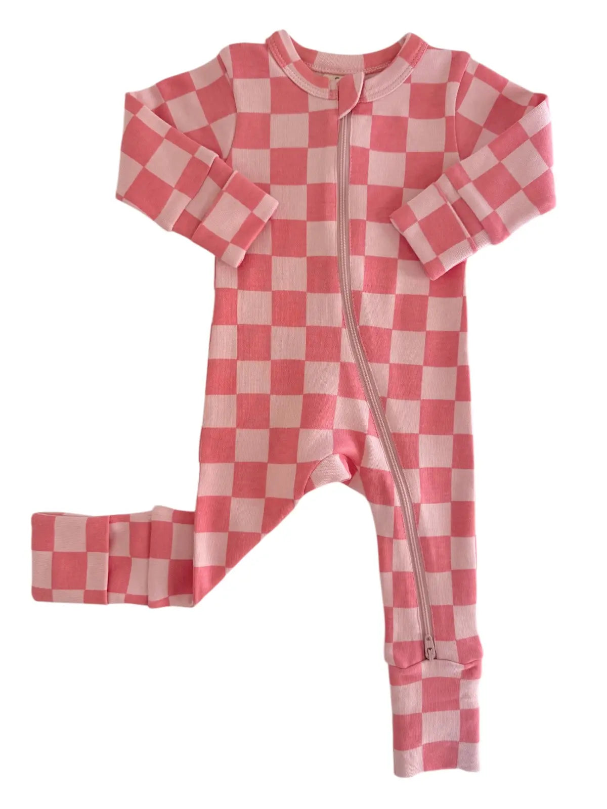Organic strawberry rosy checkerboard zip romper with 2-way zipper and cozy fold-over feet.