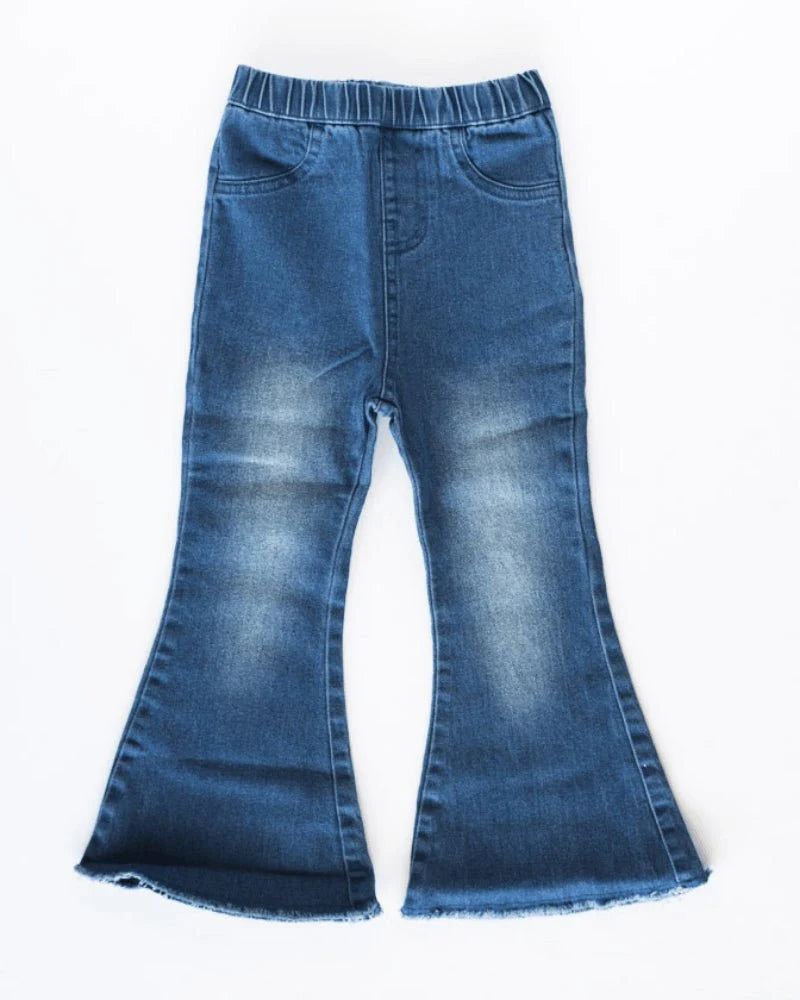 Sophie Denim Bell Bottoms in dark wash for toddlers, featuring a flared cut and comfy stretchy denim.