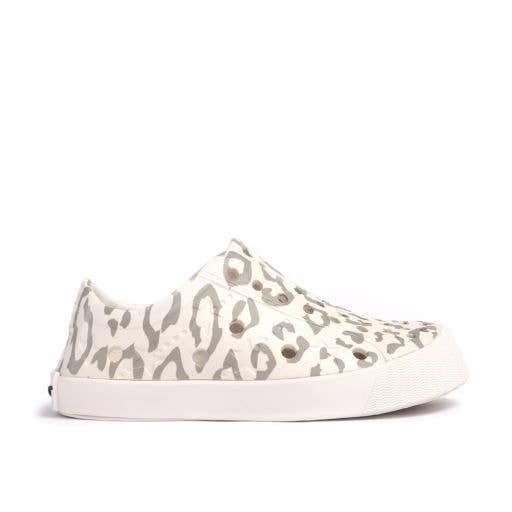 White leopard print toddler shoes, lightweight, breathable sneakers for kids, ideal for playful adventures.