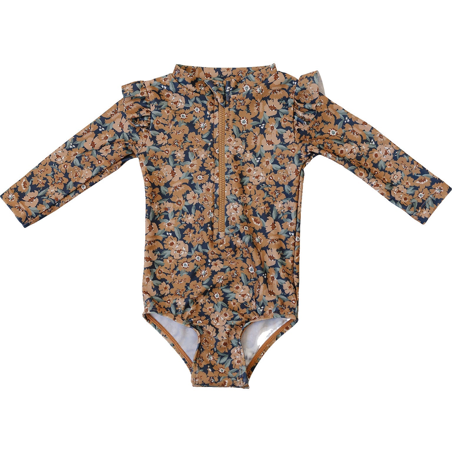 Venetian floral long sleeve ruffle one-piece swimsuit with front zipper for girls, featuring UPF 50+ sun protection.